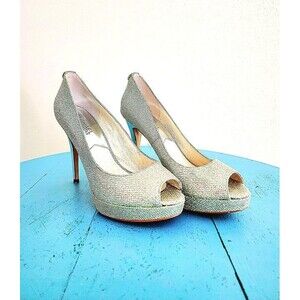 Michael Kors New York Silver Glittery Peep Toe Platform 4" Pumps Size: 6 1/2